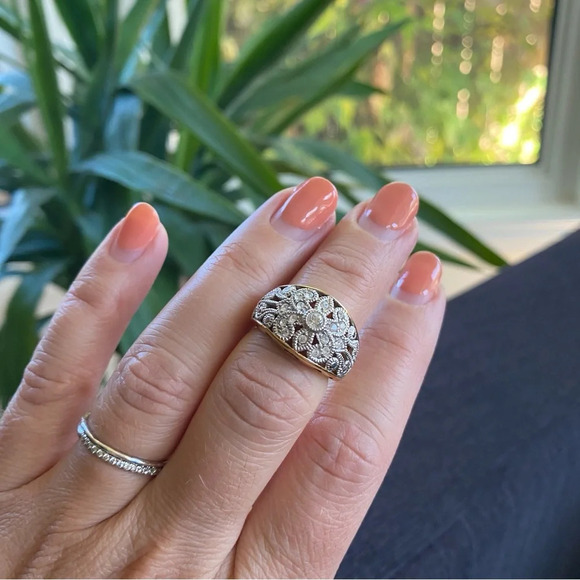 Vintage 90s Ornate Filigree Two-Tone Domed Cocktail Ring by Avon - Picture 16 of 17
